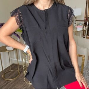 Talbots Black Lace Short Sleeve Button Down Pocket Business Casual Blouse Top XL